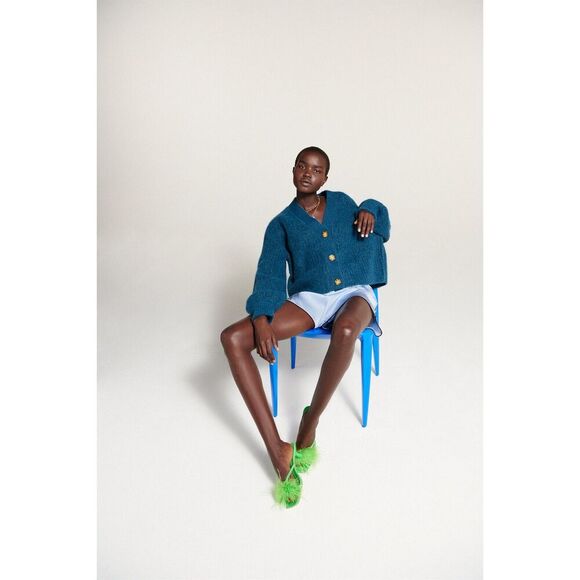 Teal Blue Zara Chunky Knit Button Front V-Neck Cardigan Sweater (NWT) - Picture 7 of 13